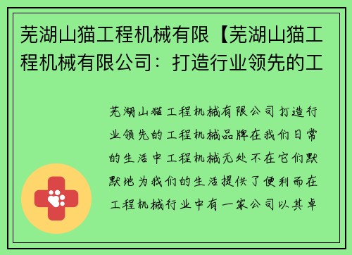 芜湖山猫工程机械有限【芜湖山猫工程机械有限公司：打造行业领先的工程机械品牌】