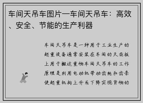 车间天吊车图片—车间天吊车：高效、安全、节能的生产利器